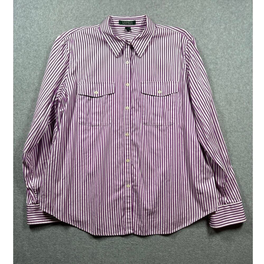 Lauren Ralph Lauren Button Up Shirt Women's Size XL Purple Striped Flap Pocket